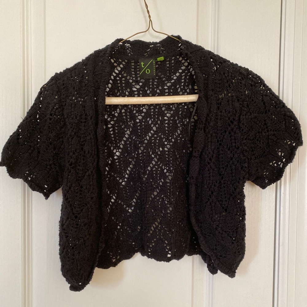 t/o sweaters kids black cropped crochet/knit shawl